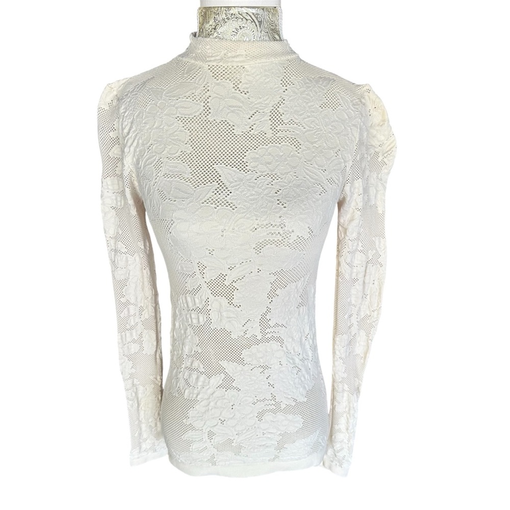 bebe Sexy Stretch Lace Long Sleeve Cream Top Hot Keyhole Back Size Medium